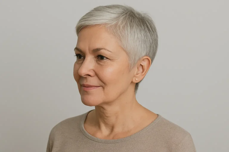 femme 50 ans coupe courte cheveux gris
