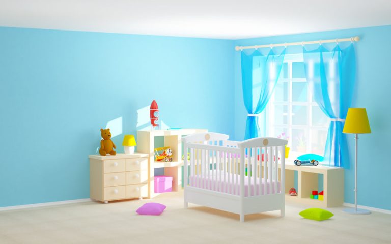 Baby's bedroom with crib, shelves with toys, commode and bear. 3d illustration.