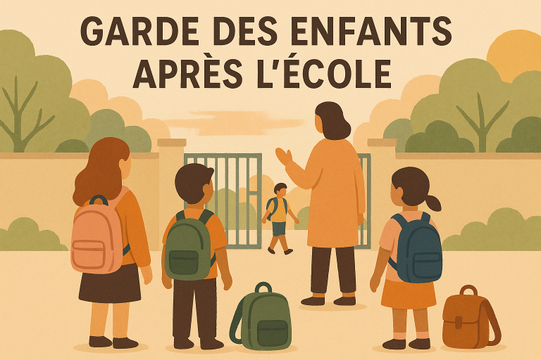 Garde des enfants après l'école devant portail sacs cartables