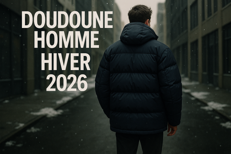 Homme de dos en ville illustrant les tendances doudounes homme 2026
