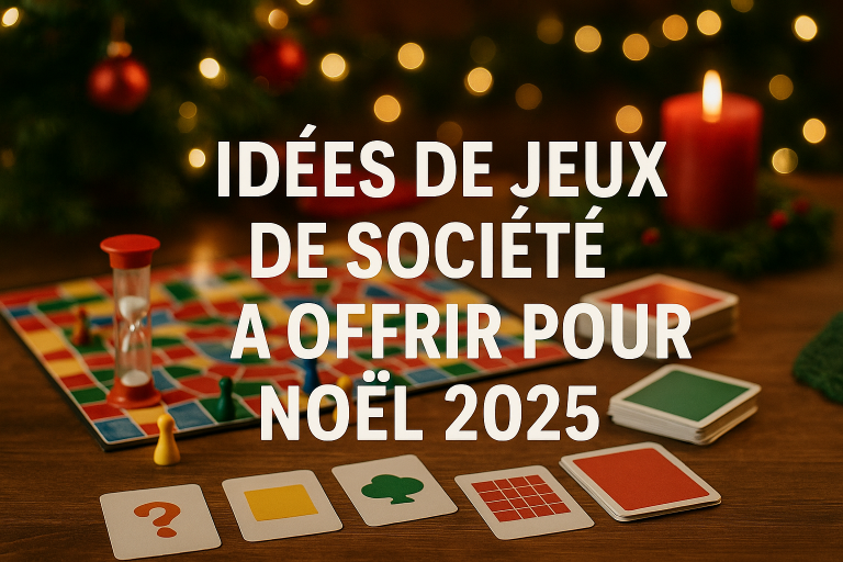 Scène conviviale de jeux de société Noël 2025 sur une table de réveillon