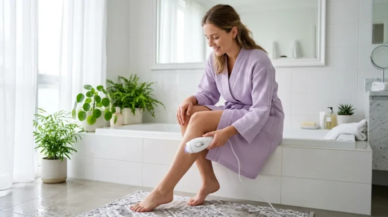 Femme utilisant un appareil IPL Arya Lush pour l'épilation à domicile dans une salle de bain moderne.