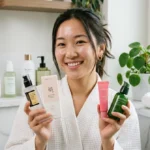Femme souriante avec produits skincare coréens Holy Skin, ambiance sereine et rafraîchissante.