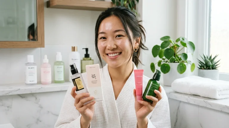Femme souriante avec produits skincare coréens Holy Skin, ambiance sereine et rafraîchissante.
