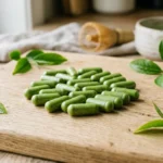 Capsules Bobo matcha vert vif sur fond bois, avec feuilles de thé frais.