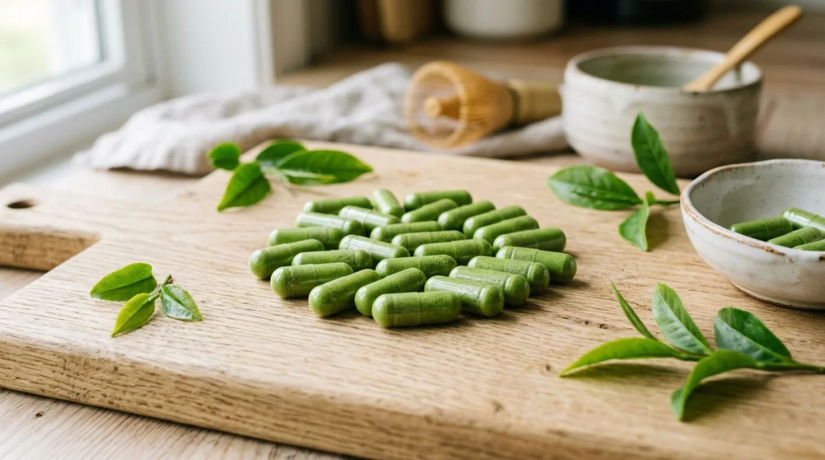 Capsules Bobo matcha vert vif sur fond bois, avec feuilles de thé frais.