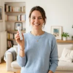 Personne souriante utilisant un Breez Stick dans un salon moderne, simplicité et sérénité.