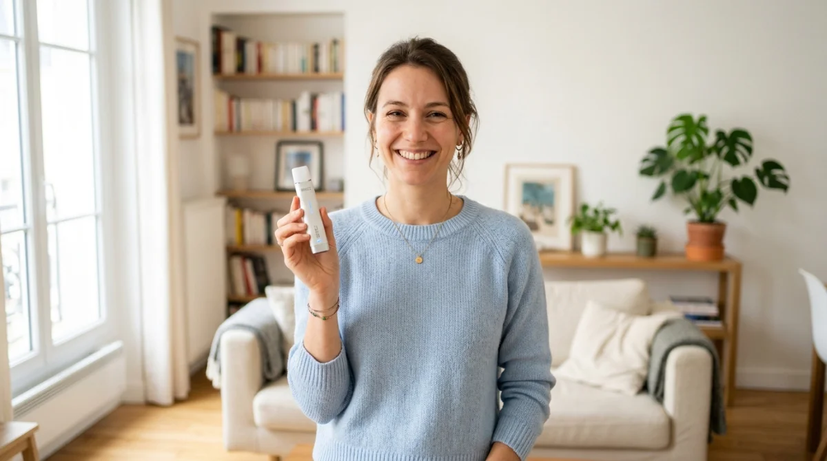 Personne souriante utilisant un Breez Stick dans un salon moderne, simplicité et sérénité.