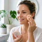 Femme appliquant la CC crème Ulyxa Sanelya, teint lumineux et naturel en salle de bain moderne.