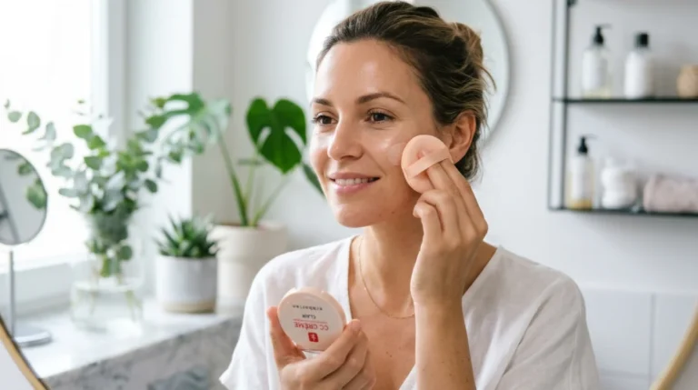 Femme appliquant la CC crème Ulyxa Sanelya, teint lumineux et naturel en salle de bain moderne.