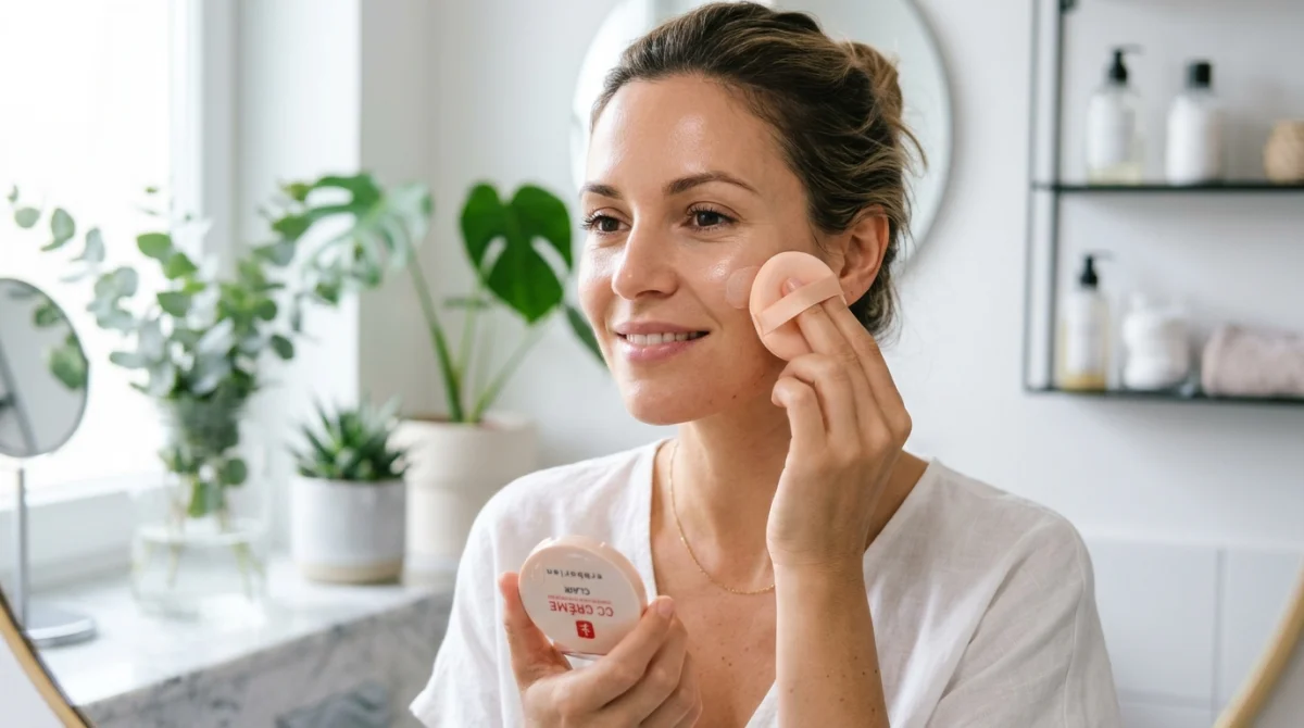 Femme appliquant la CC crème Ulyxa Sanelya, teint lumineux et naturel en salle de bain moderne.