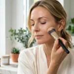 Clara Paris fond de teint : femme appliquant le produit avec un pinceau, avis clients.