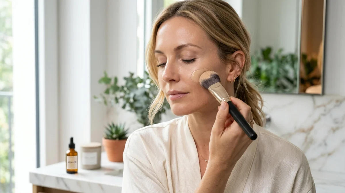 Clara Paris fond de teint : femme appliquant le produit avec un pinceau, avis clients.