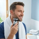 Homme souriant utilisant le rasoir 5 en 1 Elios dans une salle de bain moderne.