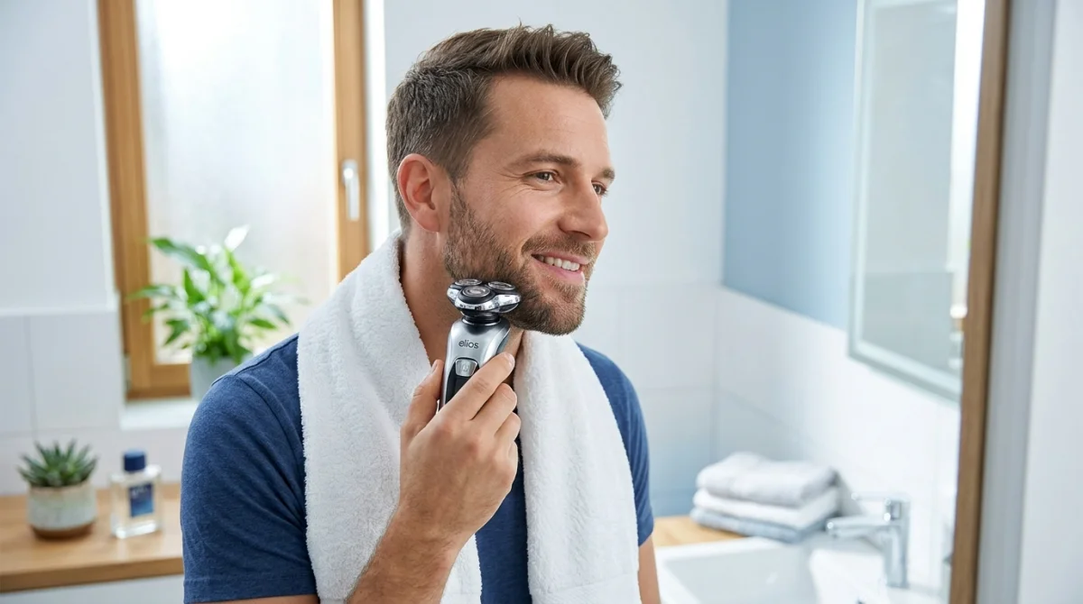 Homme souriant utilisant le rasoir 5 en 1 Elios dans une salle de bain moderne.