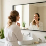 Femme satisfaite admirant sa peau améliorée, reflet dans un miroir de salle de bain moderne, curculia avis