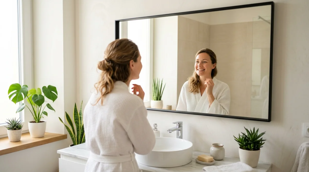 Femme satisfaite admirant sa peau améliorée, reflet dans un miroir de salle de bain moderne, curculia avis