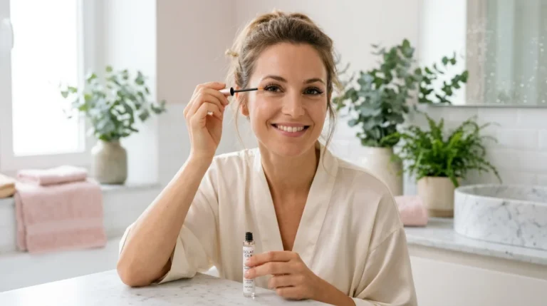 Femme appliquant le sérum Glash Paris pour des cils naturels magnifiés.