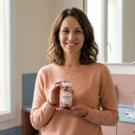 Femme souriante tenant des gummies intimes Harmova dans une salle de bain moderne.