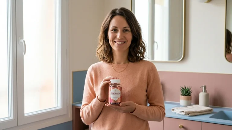 Femme souriante tenant des gummies intimes Harmova dans une salle de bain moderne.