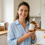 Femme souriante tenant une bouteille de multivitamines liquide Haura, cuisine lumineuse, fruits frais