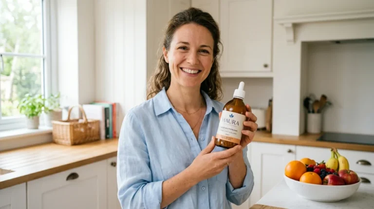 Femme souriante tenant une bouteille de multivitamines liquide Haura, cuisine lumineuse, fruits frais