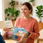 Femme heureuse recevant un colis Jejuskin de skincare coréenne, expérience positive.