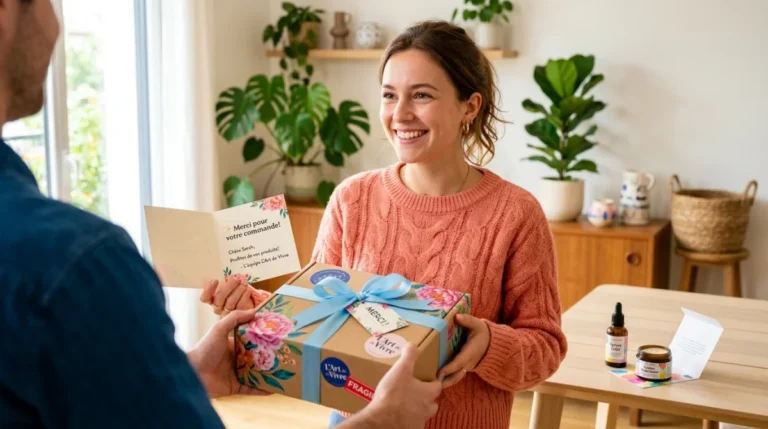 Femme heureuse recevant un colis Jejuskin de skincare coréenne, expérience positive.