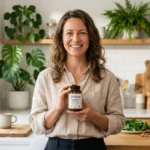 Femme souriante tenant une boîte Melixir Magnesium Complex dans une cuisine moderne et lumineuse.