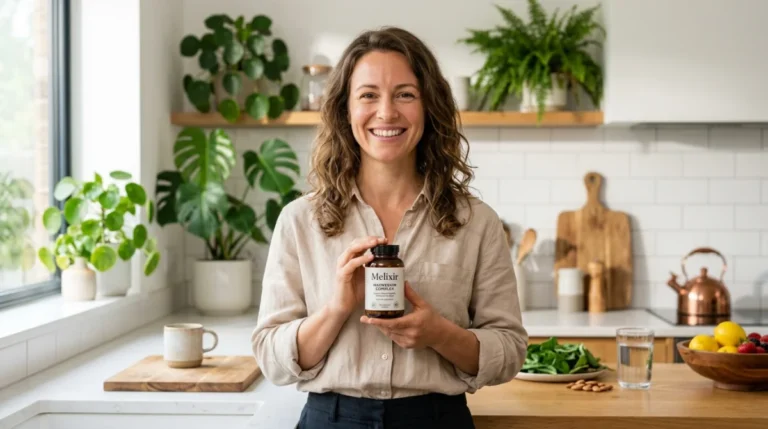 Femme souriante tenant une boîte Melixir Magnesium Complex dans une cuisine moderne et lumineuse.