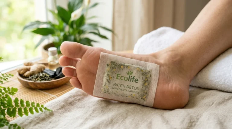 Patch détox Ecolife sur pied nu, texture et ingrédients naturels, bien-être.