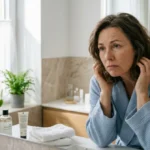 Femme déçue examinant son visage dans un miroir, roveaskin avis