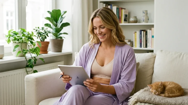 Femme satisfaite portant soutien-gorge Shapea, lisant des avis positifs clients sur tablette.