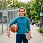 Jeune adolescente souriante tenant un ballon et une tablette dans un parc, illustrant le mouvement PlayLikeAGirl.