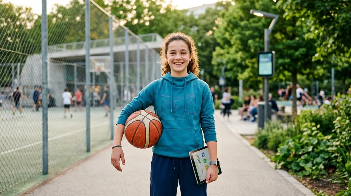 Jeune adolescente souriante tenant un ballon et une tablette dans un parc, illustrant le mouvement PlayLikeAGirl.