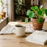 Composition minimaliste d'objets durables sur une table en bois, illustrant l'univers écoresponsable du blog The Green Blossom.