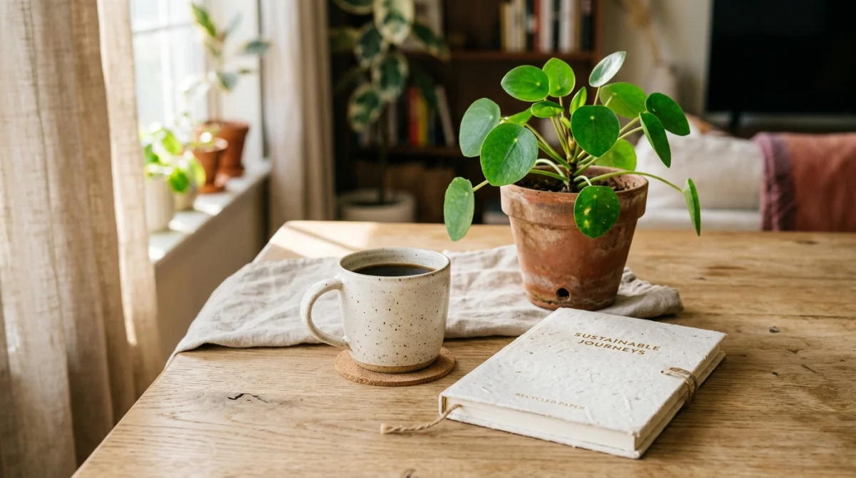 Composition minimaliste d'objets durables sur une table en bois, illustrant l'univers écoresponsable du blog The Green Blossom.