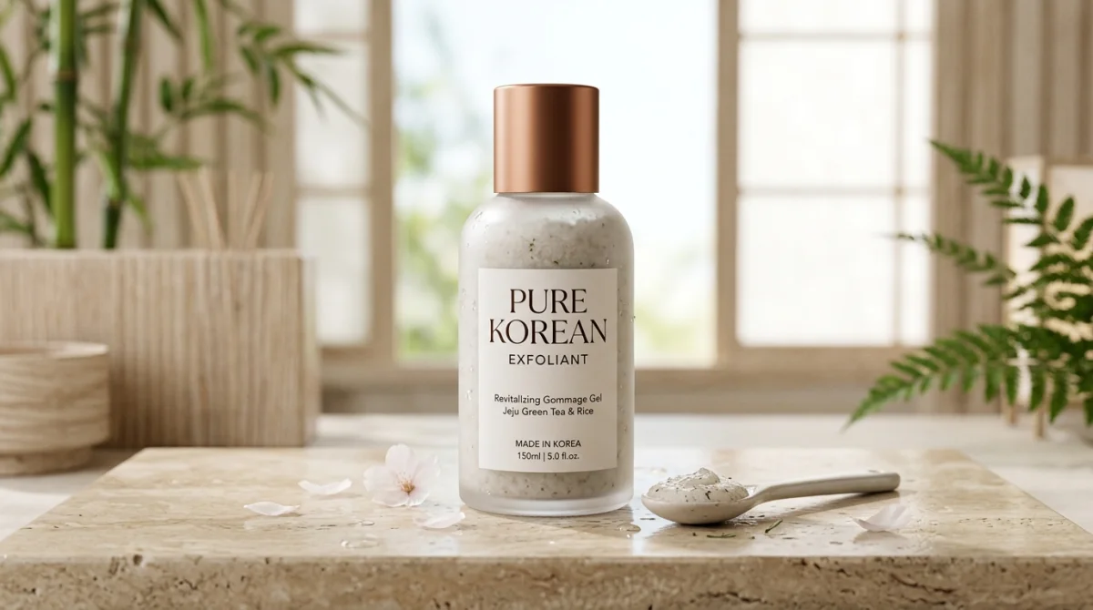 Flacon d'exfoliant Pure Korean posé sur une pierre polie dans un décor minimaliste de spa coréen.