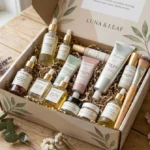 Box beauté ouverte contenant des soins cosmétiques haut de gamme sur une table en bois avec décorations végétales.