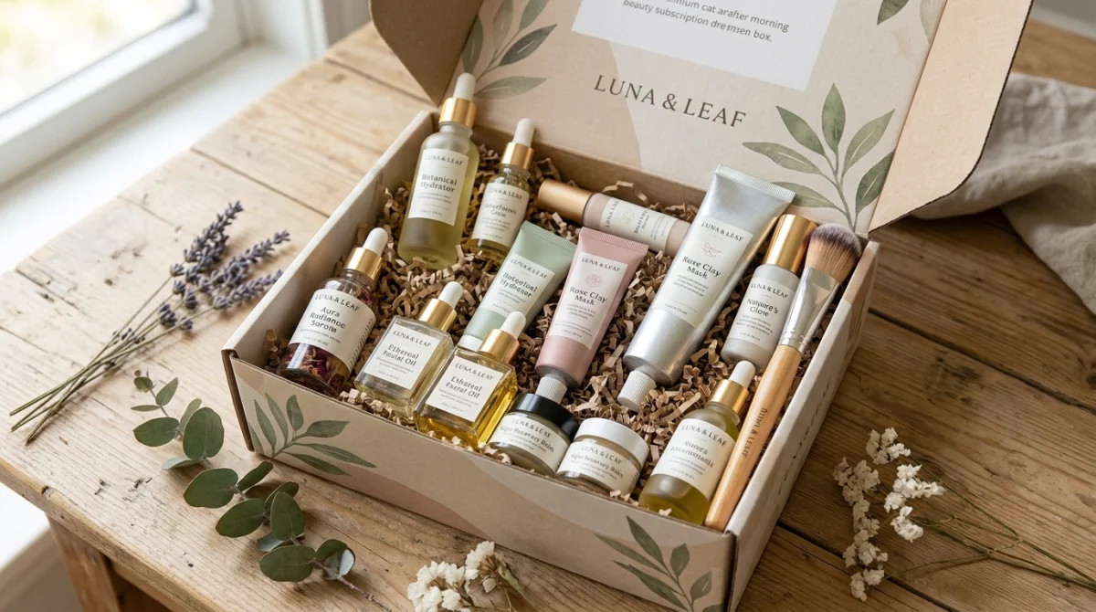 Box beauté ouverte contenant des soins cosmétiques haut de gamme sur une table en bois avec décorations végétales.