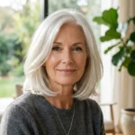 Femme élégante aux cheveux blancs brillants et sains pour illustrer notre avis complet sur Cendrée Haircare.