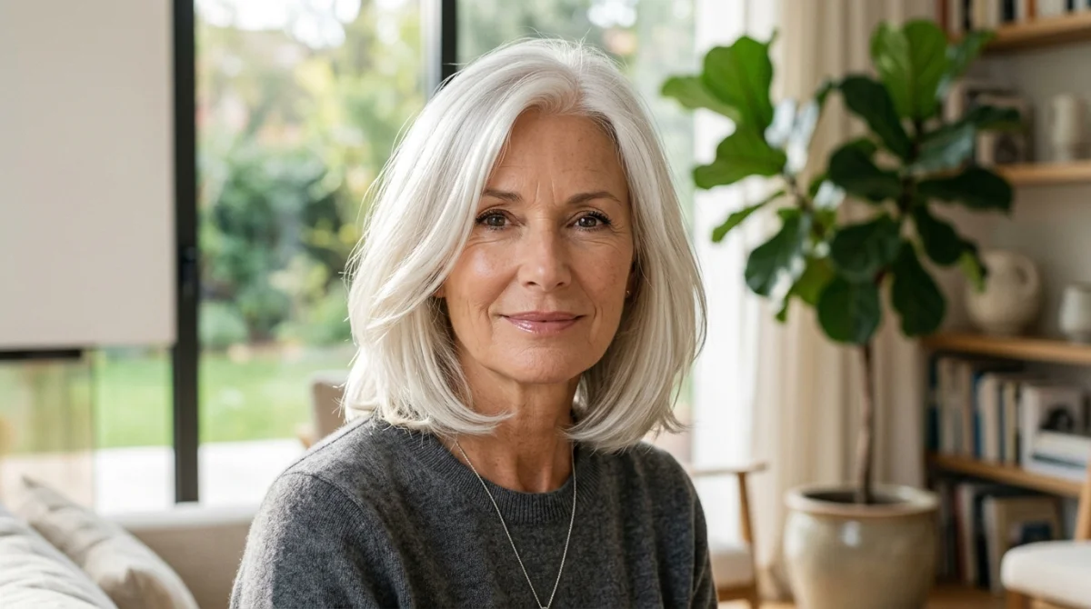 Femme élégante aux cheveux blancs brillants et sains pour illustrer notre avis complet sur Cendrée Haircare.