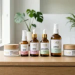 Gamme de soins Lyra Cosmetics présentée sur un support en bois clair dans une salle de bain lumineuse.