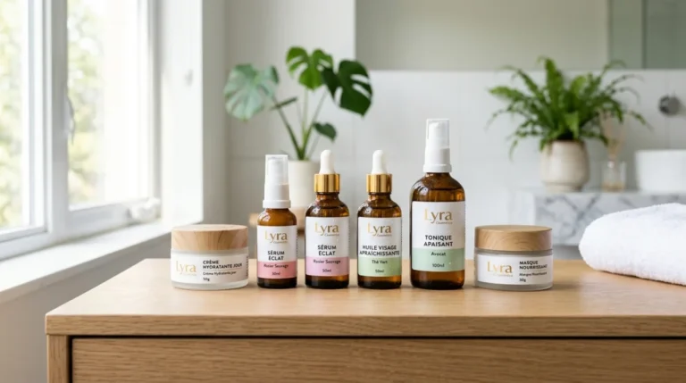 Gamme de soins Lyra Cosmetics présentée sur un support en bois clair dans une salle de bain lumineuse.
