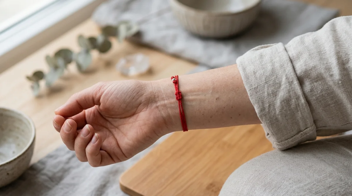 Gros plan sur un poignet portant un bracelet en fil rouge minimaliste dans un cadre apaisant et serein.