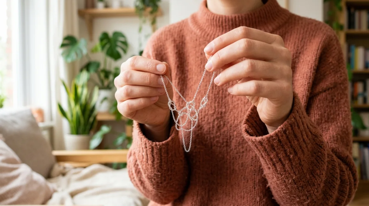 Collier en argent délicatement emmêlé tenu par des mains, illustrant la signification spirituelle des nœuds dans un intérieur chaleureux.