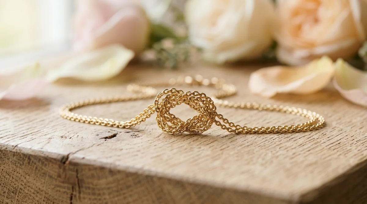 Collier en or fin avec un nœud complexe, illustrant la signification spirituelle d'un collier qui s'emmêle.