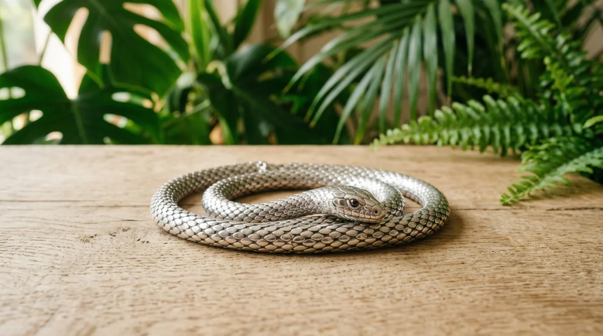 Collier serpent en argent détaillé posé sur bois naturel, une création élégante signée Sachamama Store.