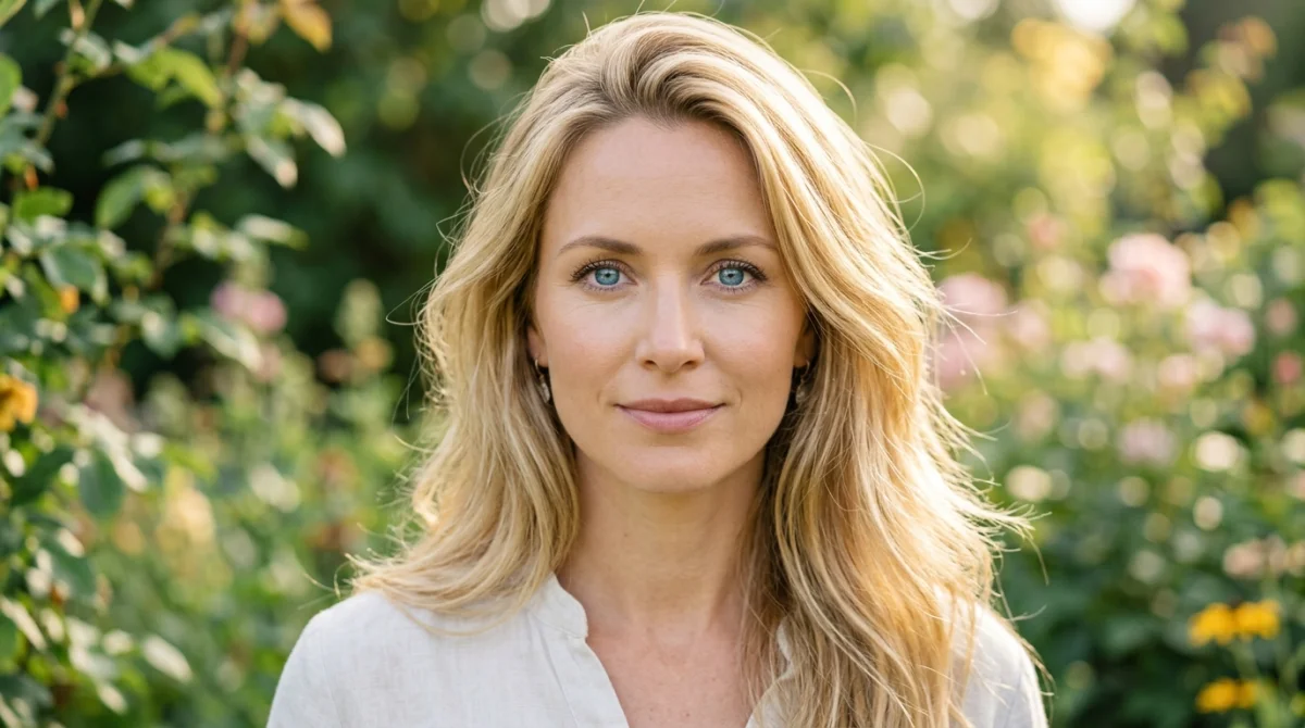 Portrait d'une femme aux cheveux blonds dorés et aux yeux bleus éclatants dans un jardin naturel.