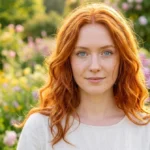 Portrait d'une femme aux cheveux roux et yeux bleus dans un jardin, illustrant quelle couleur de cheveux pour les yeux bleus.